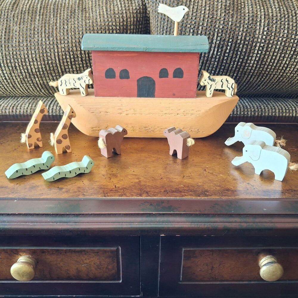 Vintage Handmade Painted Wooden Noah’s Ark Toy Display 5 Sets Animals 1 Bird